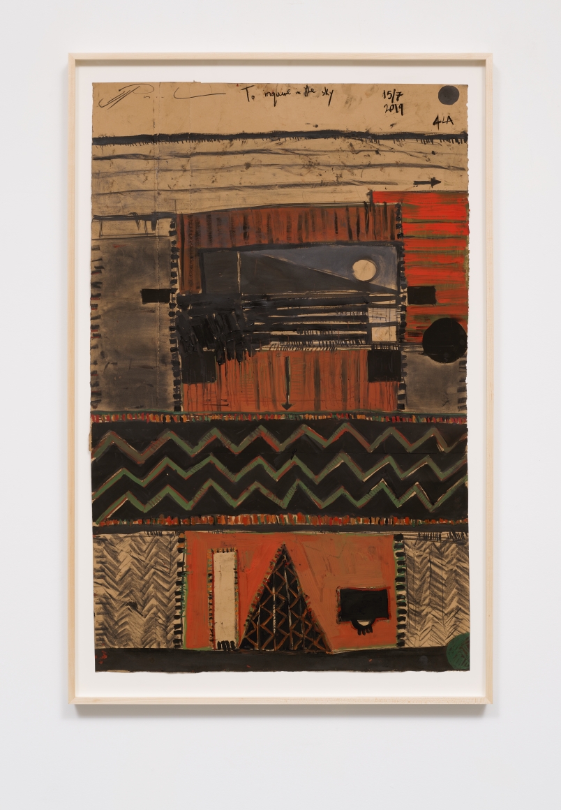 BRINTZ GALLERY, IRVIN PASCAL, To Inquire in the Sky, 2019, Oil pastel, gouache, acrylic and amalgamated media on cotton paper, 48 by 30 inches, Unique Art