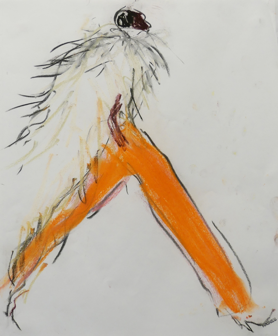 Drawing of woman in orange pants by Richard Haines