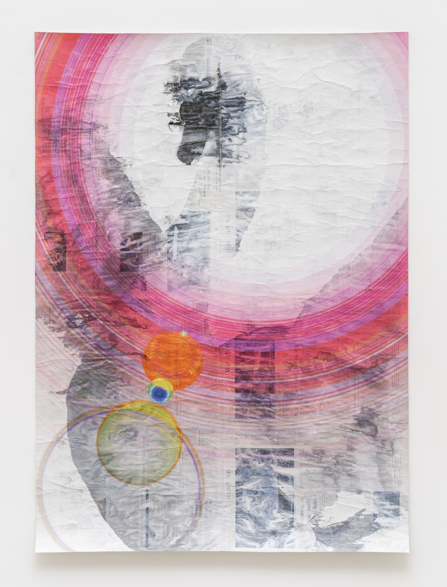 Gabriel Vormstein. Swansong III, 2021 Pencil, watercolor, UV-print on newspaper, 156.5 x 111 cm. Courtesy of the artist, Meyer Riegger, Berlin/Karlsruhe, and PKM Gallery, Seoul.