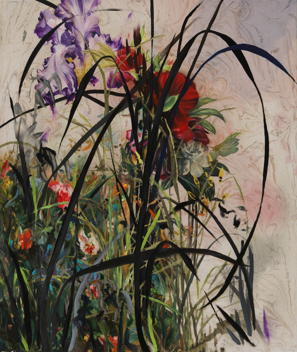 Cody Choi. Noblesse Hybridige #19622B, 2019. Oil, cashew paint, digital print on artificial marble, 89.7 x 76.2 cm (Image), 103.7 x 89.7 cm (Framed). Courtesy of the artist & PKM Gallery.