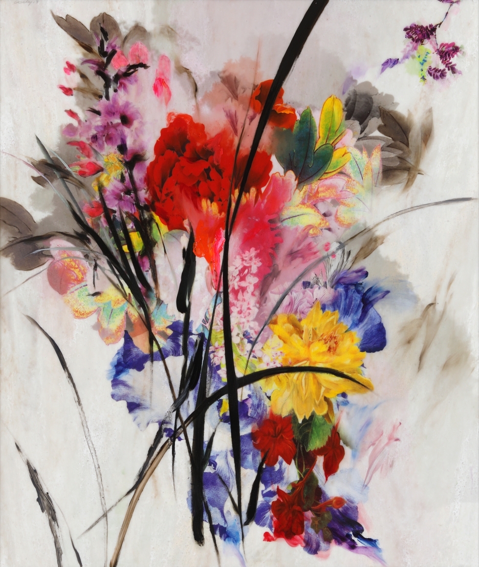 Cody Choi. Noblesse Hybridige #19511C, 2019. Oil, cashew paint, digital print on artificial marble, 89.7 x 76.2 cm (Image), 103.7 x 89.7 cm (Framed). Courtesy of the artist & PKM Gallery.