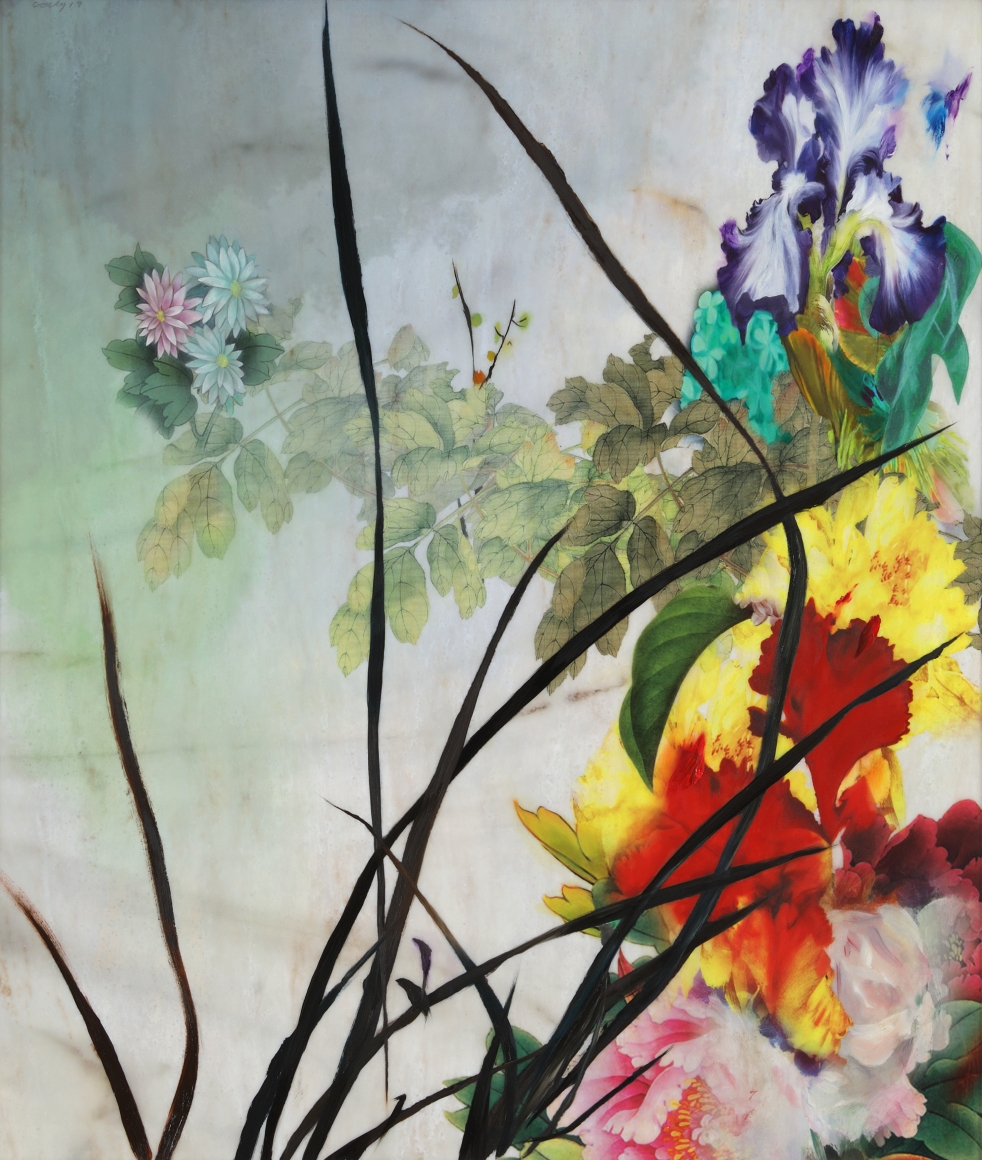 Cody Choi. Noblesse Hybridige #19728C, 2019, Oil, cashew paint, digital print on artificial marble, 103.7 x 89.7 cm (Framed). Courtesy of the artist & PKM Gallery.