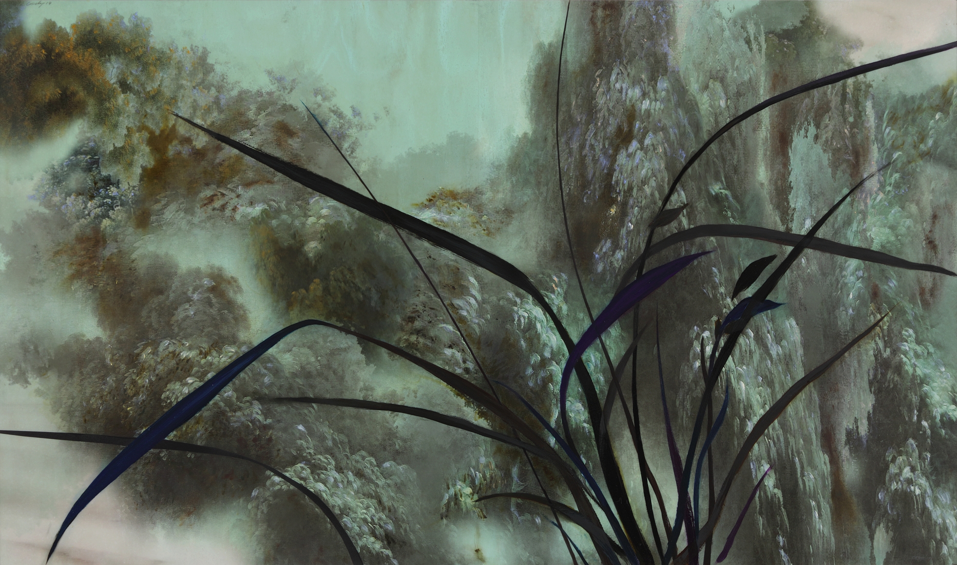 Cody Choi. Noblesse Hybridige #1981C, 2019. Oil, cashew paint, digital print on artificial marble, 89.7 x 152.5 cm (Image), 103.7 x 165.7 cm (Framed). Courtesy of the artist & PKM Gallery.