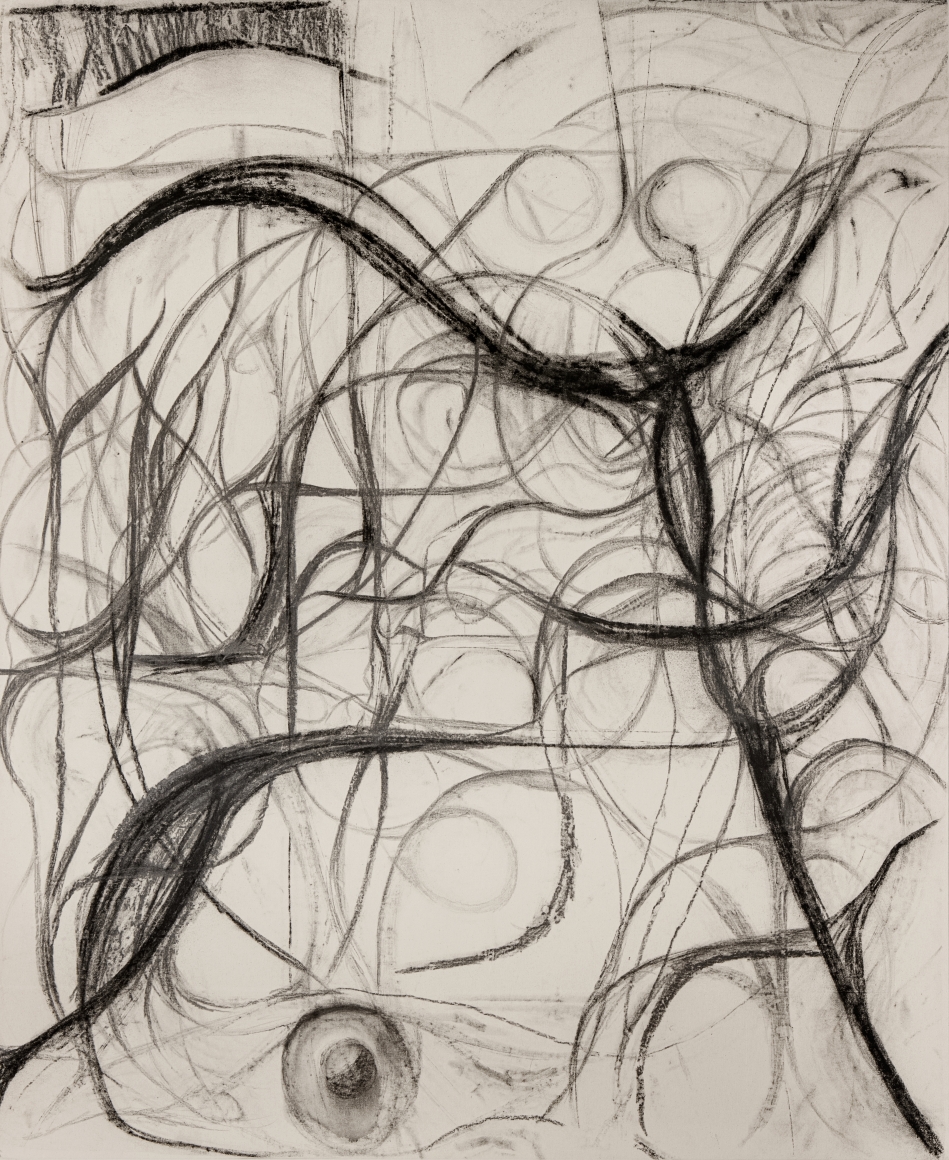 Peppi Bottrop, Dvl. antm, 2021, Graphite and coal on canvas, 217 x 178 cm. Courtesy of the artist, Meyer Riegger, Berlin/Karlsruhe, and PKM Gallery, Seoul.