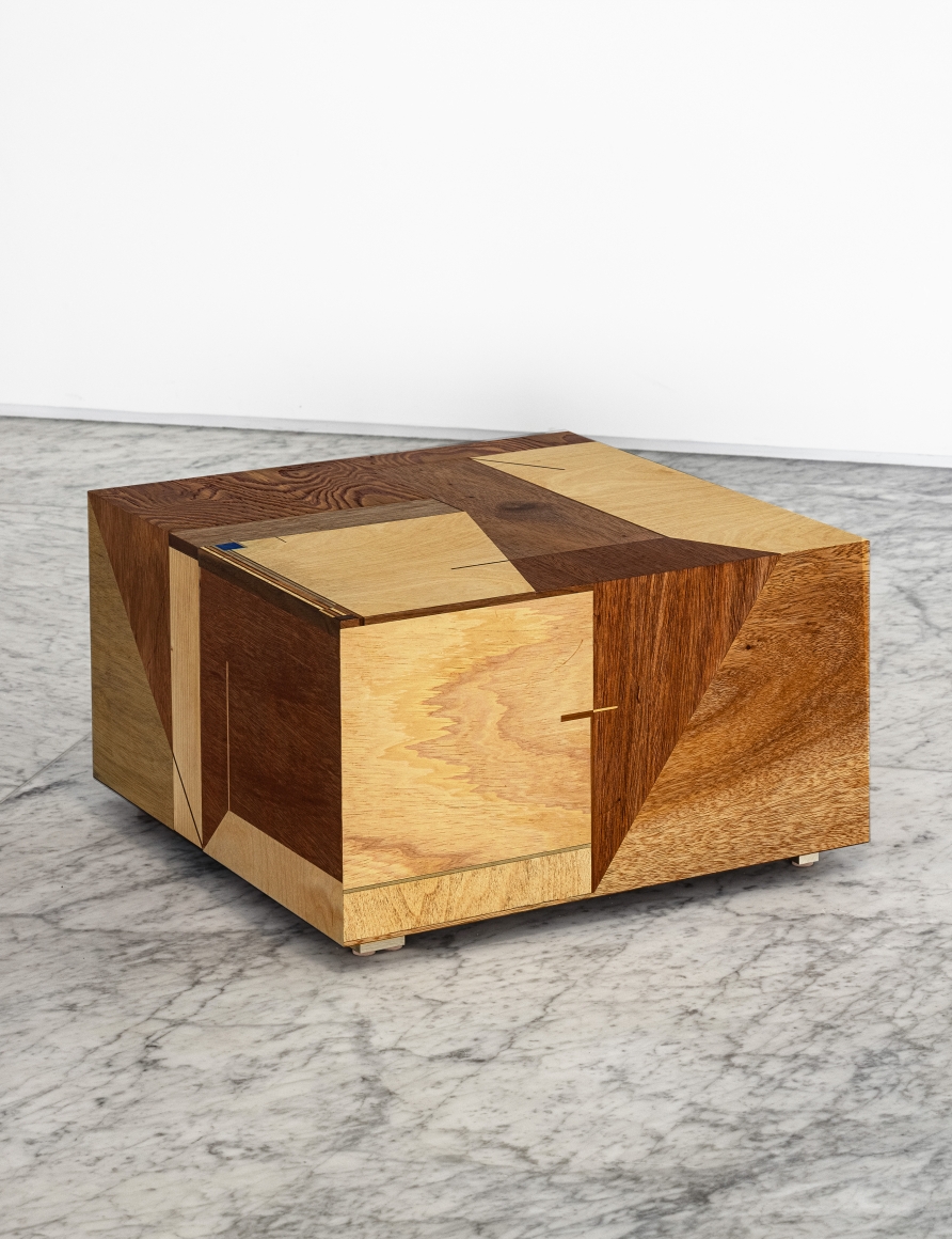 Koo Hyunmo. Table - 달로부터 Table - from the moon, 2021, Plywood, brass, 50 x 50 x 28.5 cm. Courtesy of the artist & PKM Gallery.