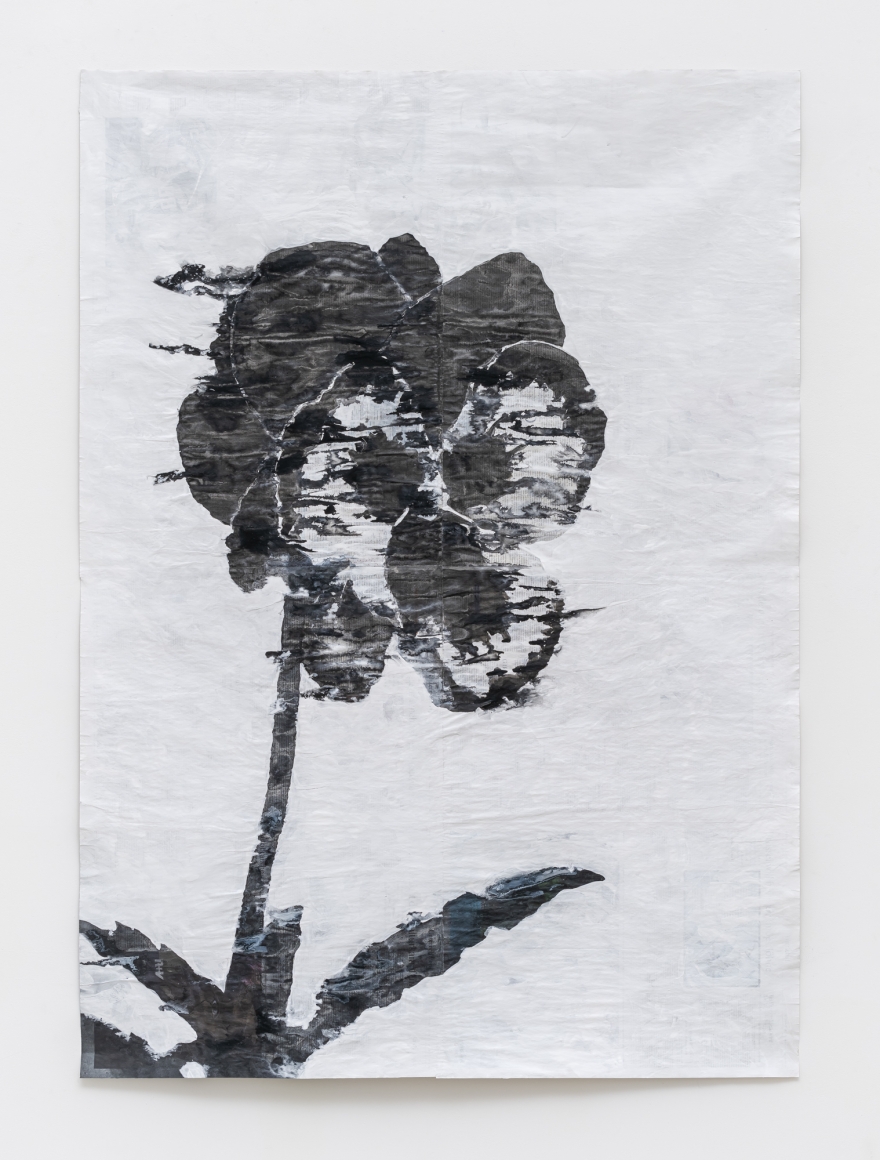 Gabriel Vormstein. Skullflower, 2020, Pencil, watercolor, wallpaint on newspaper, 155 x 111 cm. Courtesy of the artist, Meyer Riegger, Berlin/Karlsruhe, and PKM Gallery, Seoul.