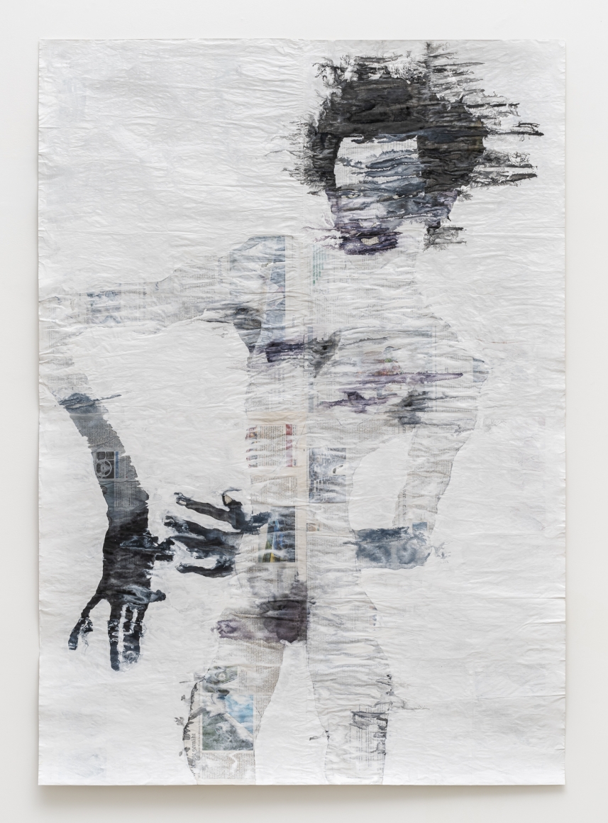 Gabriel Vormstein. Outre II, 2018, Pencil, watercolor, wallpaint on newspaper, 157 x 110.5 cm. Courtesy of the artist, Meyer Riegger, Berlin/Karlsruhe, and PKM Gallery, Seoul.