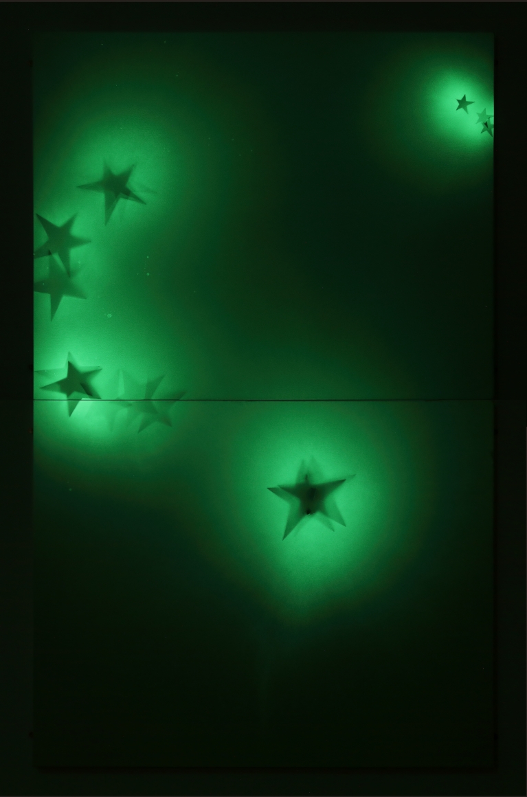 Koo Jeong A. Seven Stars, 2020, Phosphorescent pigment, acrylic painting on canvas, 243(121.5x2) x 152.5 x 3.5 cm. Courtesy of the artist & PKM Gallery.
