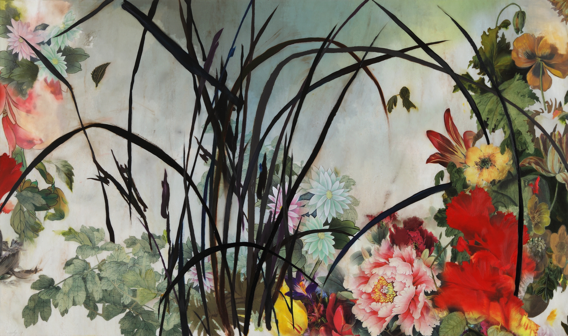 Cody Choi. Noblesse Hybridige #19728A, 2019. Oil, cashew paint, digital print on artificial marble, 89.7 x 152.5 cm (Image), 103.7 x 165.7 cm (Framed). Courtesy of the artist & PKM Gallery.