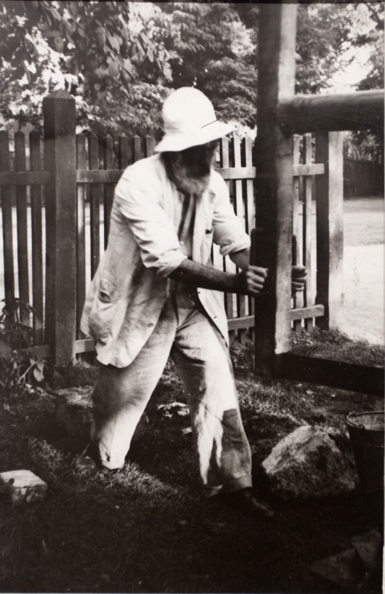 Constantin Brâncuşi - Micu Marcu; Brancusi working on the door of The Kiss, Targu jiu, July 2, 1938 Gelatin silver print ; Bruce Silverstein Gallery