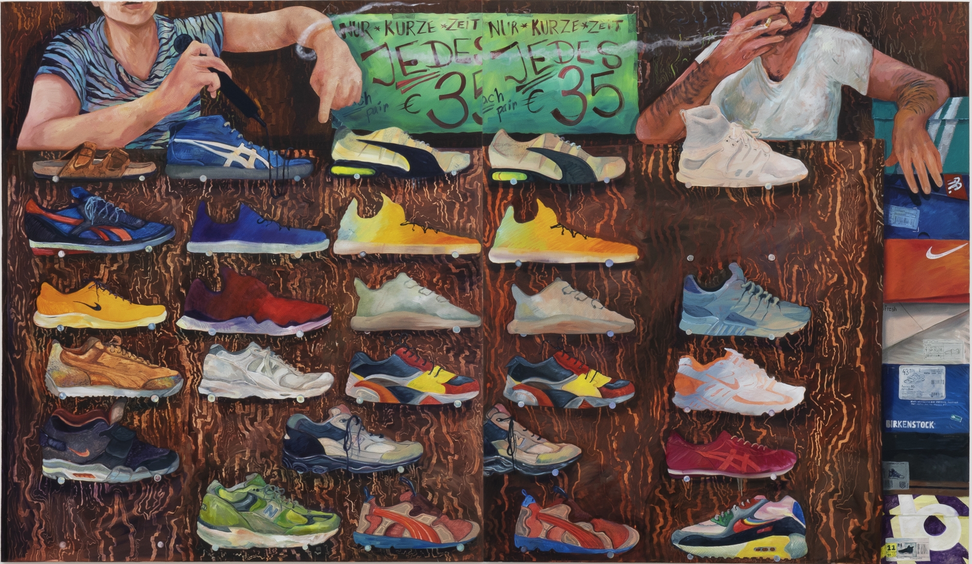 Rebecca Ness Shoe Vendors, 2019 Oil on canvas 50 x 120 in 127 x 304.8 cm (RN19.001)