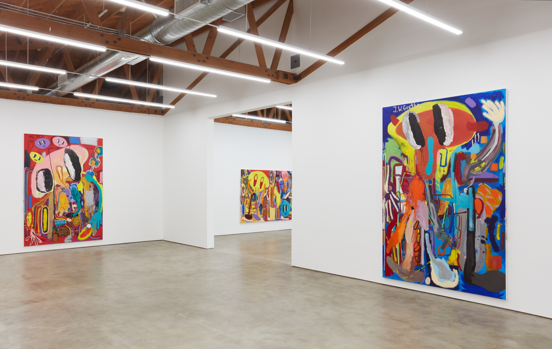 Installation Image of "Moshé Feldenkrais Pastrami Portrait (abstraktes Bild 1A)", "Verbotene Plätze" and "Goethe komischer Mann"