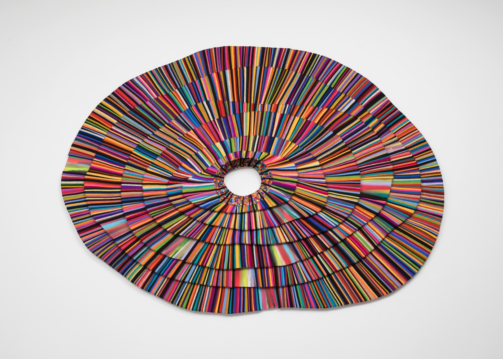 Midnight Portal, all colors radiating out with blur, 2018. wood and felt, 67.25” x 47” x 3.5”
