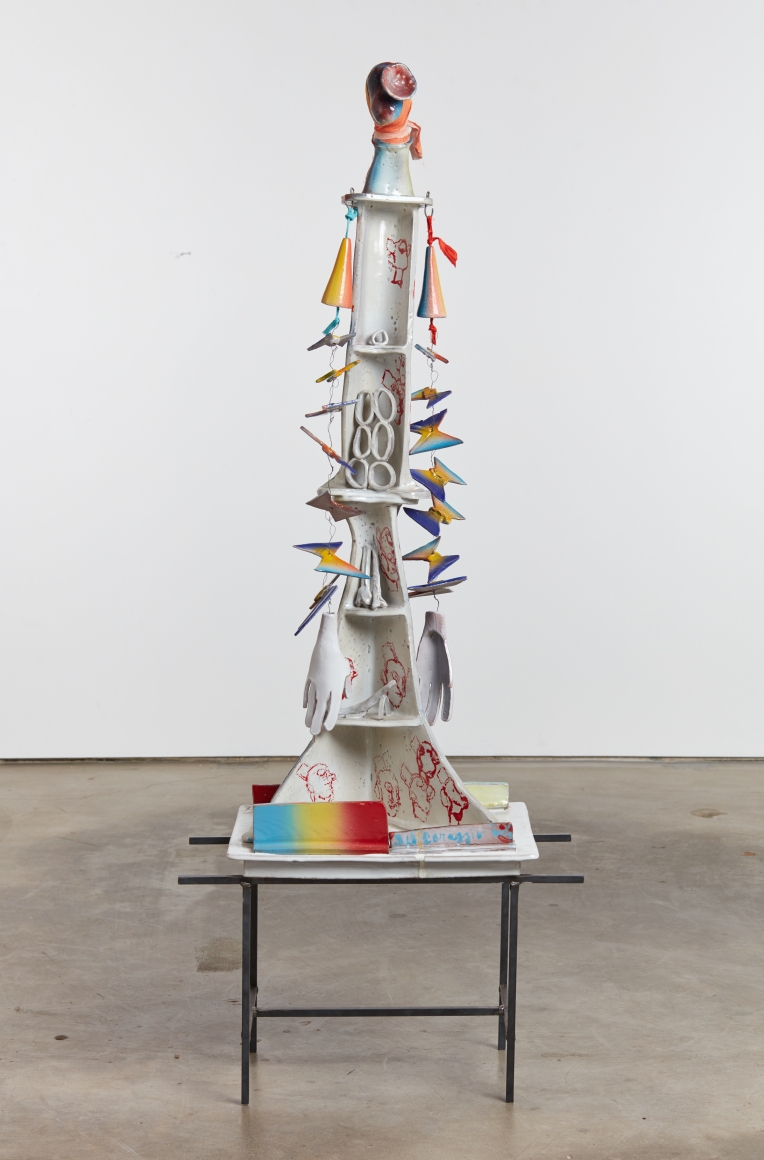 Alessandro Pessoli, The Fisherman, 2015. Painted ceramic, metal wire, fabric, steel base, 51 x 19 x 15 in, 129.5 x 48.3 x 38.1 cm (AP15.001)