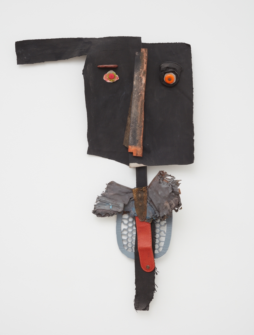 Blair Saxon-Hill Are You Asleep? Poem of Force, 2018 Canvas, fiber reinforced plaster, stage paint, gouache, stick, ceramic, wood, metal, 90’s purse shard, leather strap, plastic, burlap, polystyrene pad, early 20th c. brass plate, tin can, handle, button, lichen 37 x 25 x 8 in 94 x 63.5 x 20.3 cm (BSH18.041)