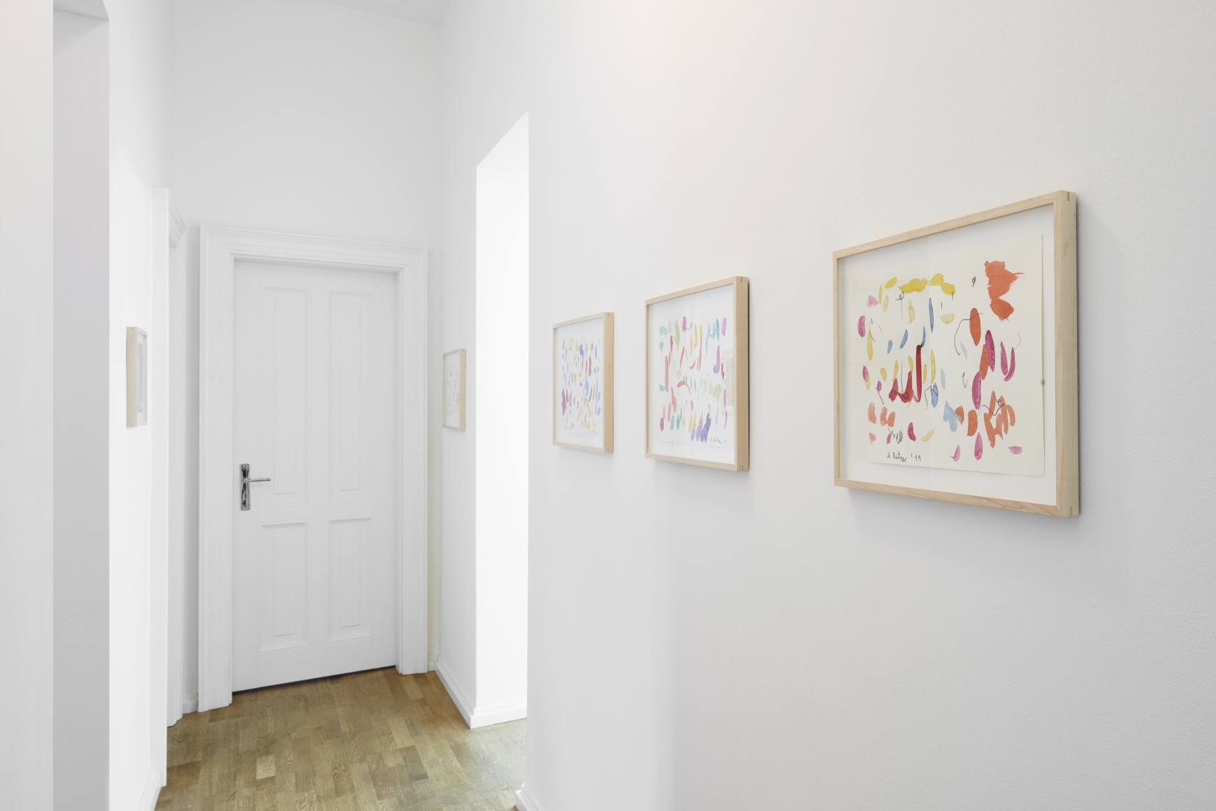 Installation View of 5 Multicolored Untitled Drawings from Butzer's Salon Nino Mier Exhibition (2018) and a door