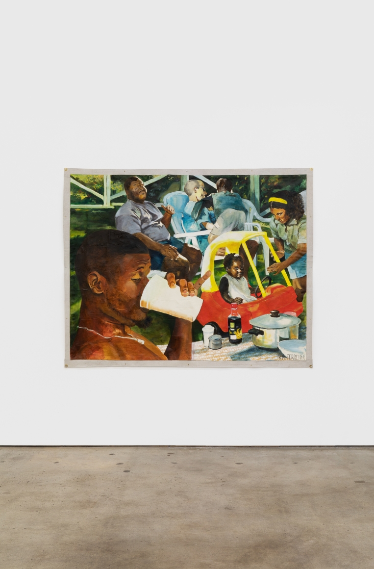 Kareem-Anthony Ferreira, Bareback at the cookout, 2020. Oil, mixed media, canvas, 58 x 71 1/2 in, 147.3 x 181.6 cm (KFE20.007)