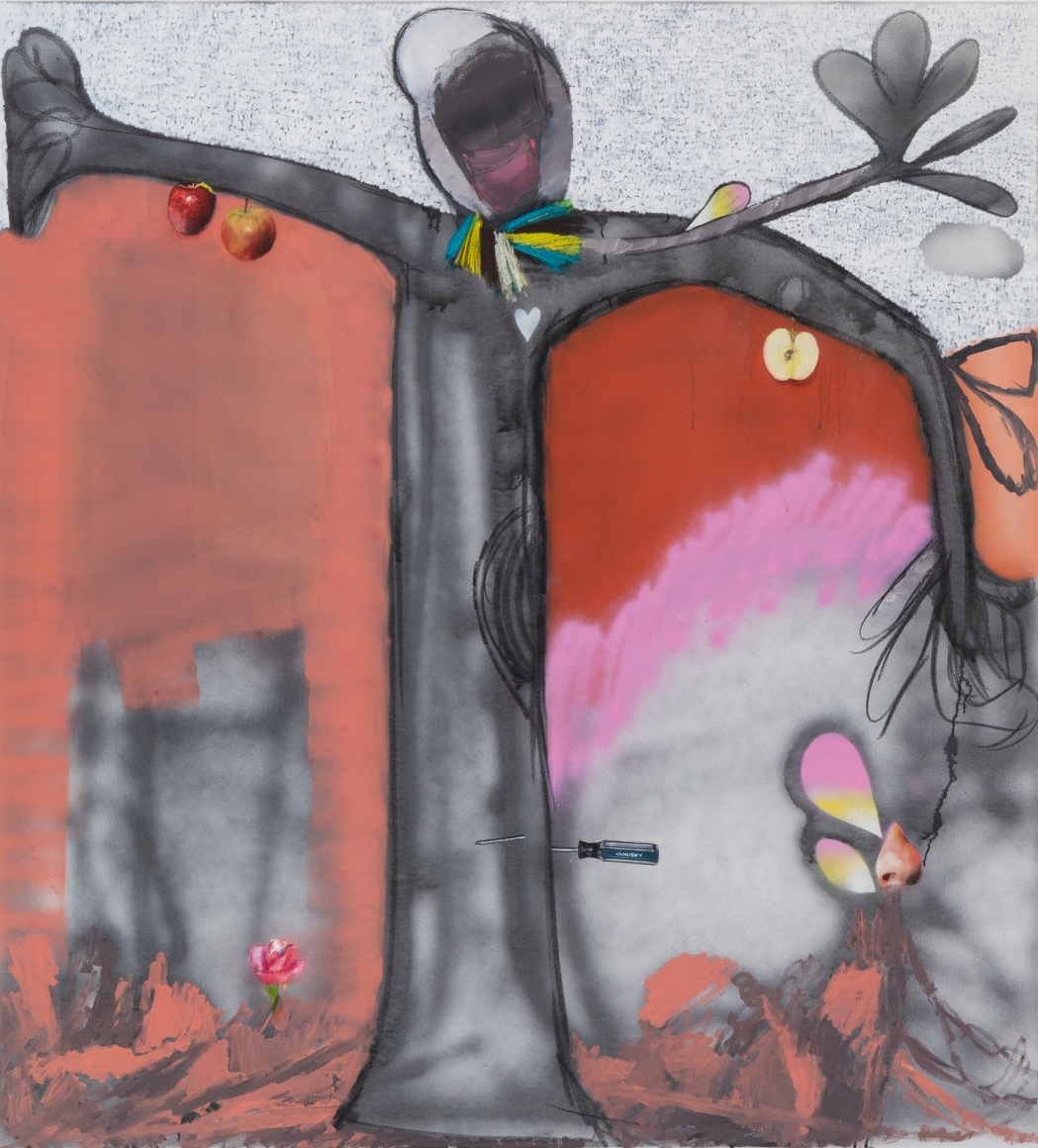 Alessandro Pessoli, Blessed, 2019. Oil, spray paint, soft pastels, tempera on canvas, 63 x 55 in, 160 x 139.7 cm (AP19.008)