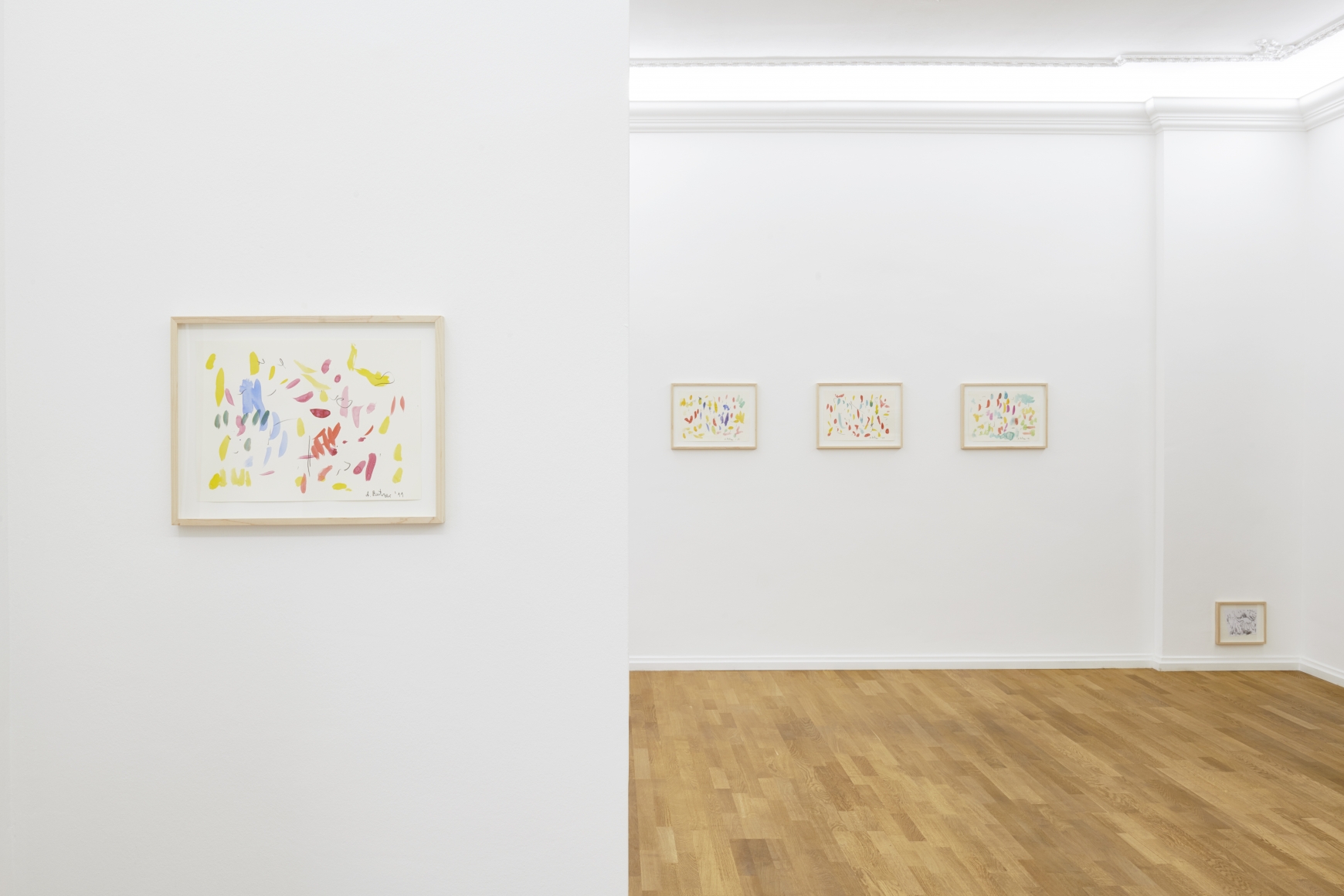 Installation View of 5 Multicolored Untitled Drawings from Butzer's Salon Nino Mier Exhibition (2018) Highlighting one that is Yellow and Pink