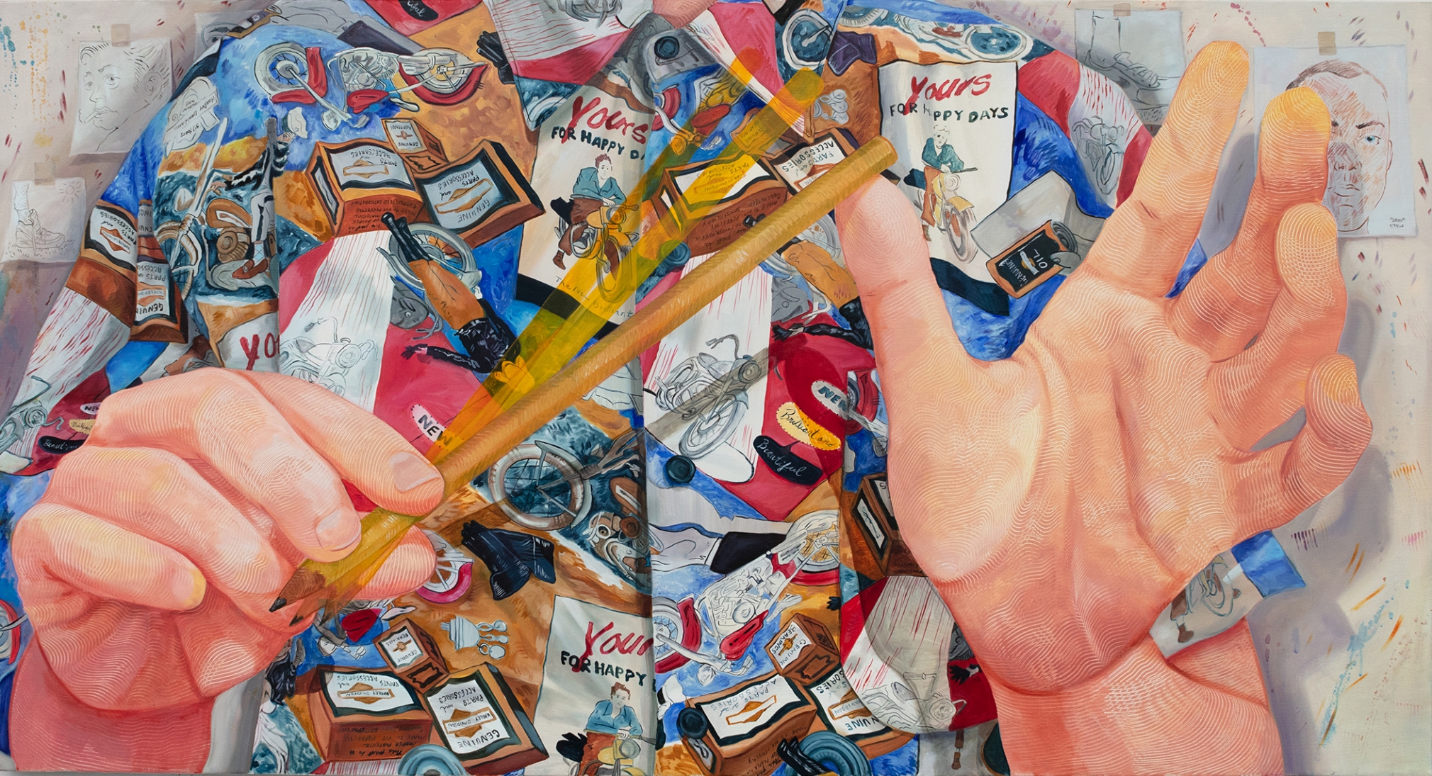 Rebecca Ness Thinking in my motorcycle shirt, 2020 Oil on linen 30 x 56 in 76.2 x 142.2 cm (RNE20.003)
