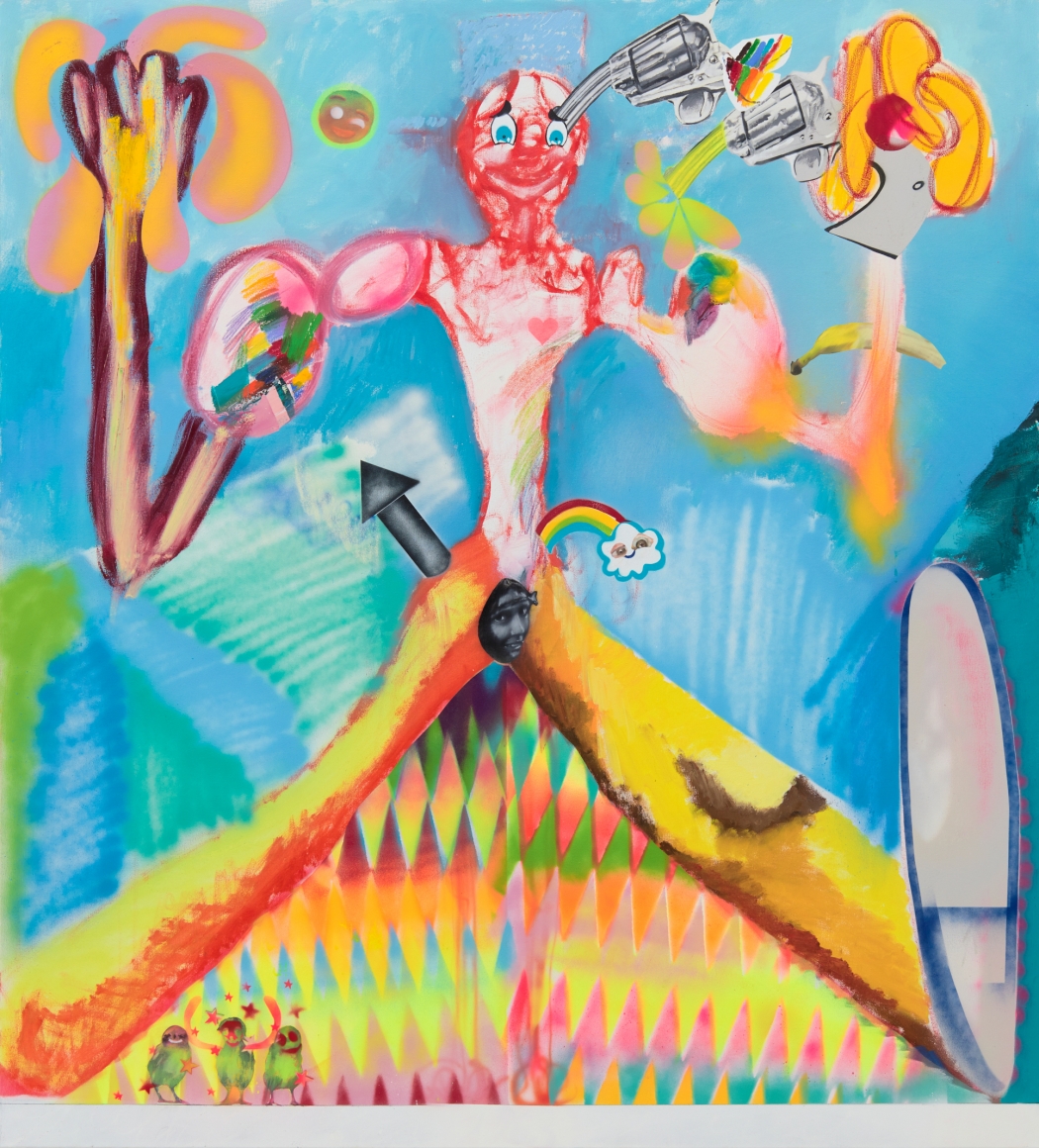 Alessandro Pessoli, Keep on Trucking, 2019. Oil, oil pastel, tempera spray paint, soft pastels and collage on canvas, 63 x 57 in, 160 x 145 cm (AP19.012)