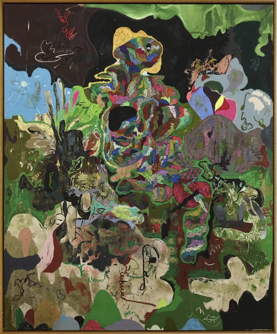 Michael Bauer Boozy Shelter (Mean Mountains), 2019 Oil, crayon, pastel and acrylic on canvas 73 x 61 in 185.4 x 154.9 cm (MB19.006)