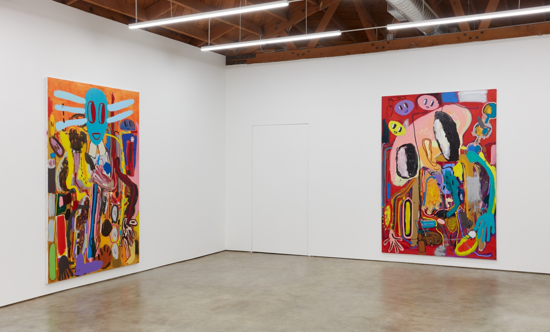 Installation View of "Ernst Ludwig Kirchner Hinrichtung im Jahre 1999" and "Moshé Feldenkrais Pastrami Portrait (abstraktes Bild 1A)"
