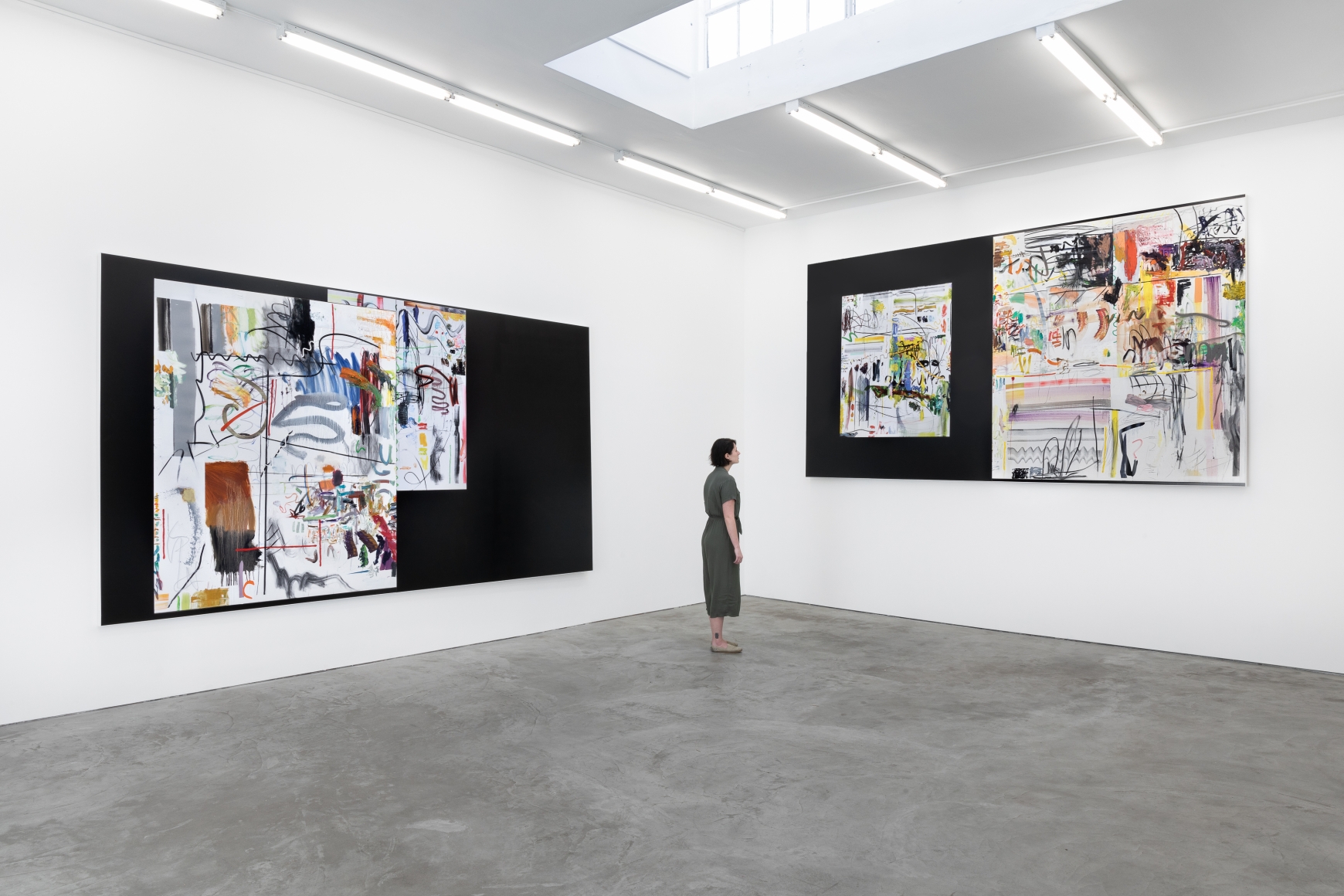Installation View of "Hi_LoRes_57", "Hi_LoRes_30" and "Hi_LoRes_67" with a Woman standing next to them for Scale