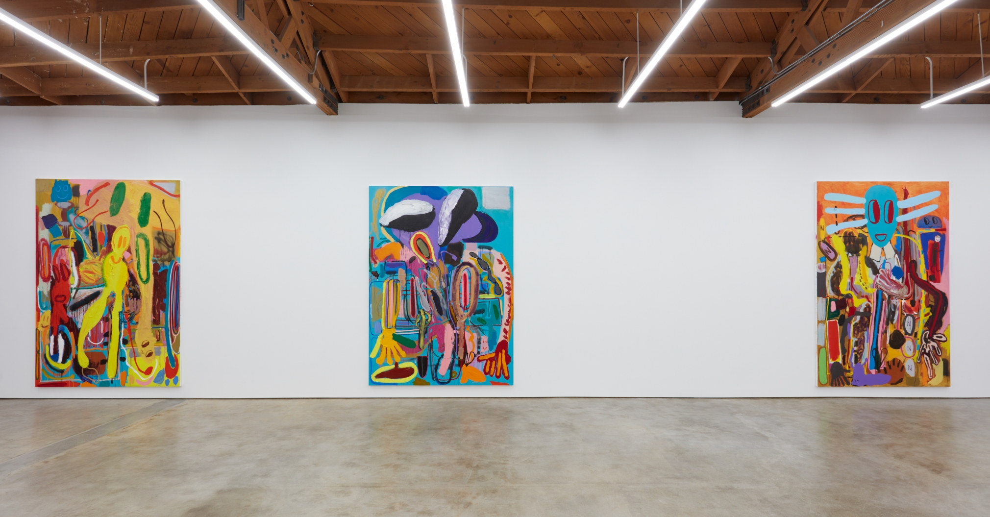 Installation View of "Abstraktes Bild Nr. 4710d", " Wer hat Dr. Pfeffer erfunden?,", and "Ernst Ludwig Kirchner Hinrichtung im Jahre 1999"