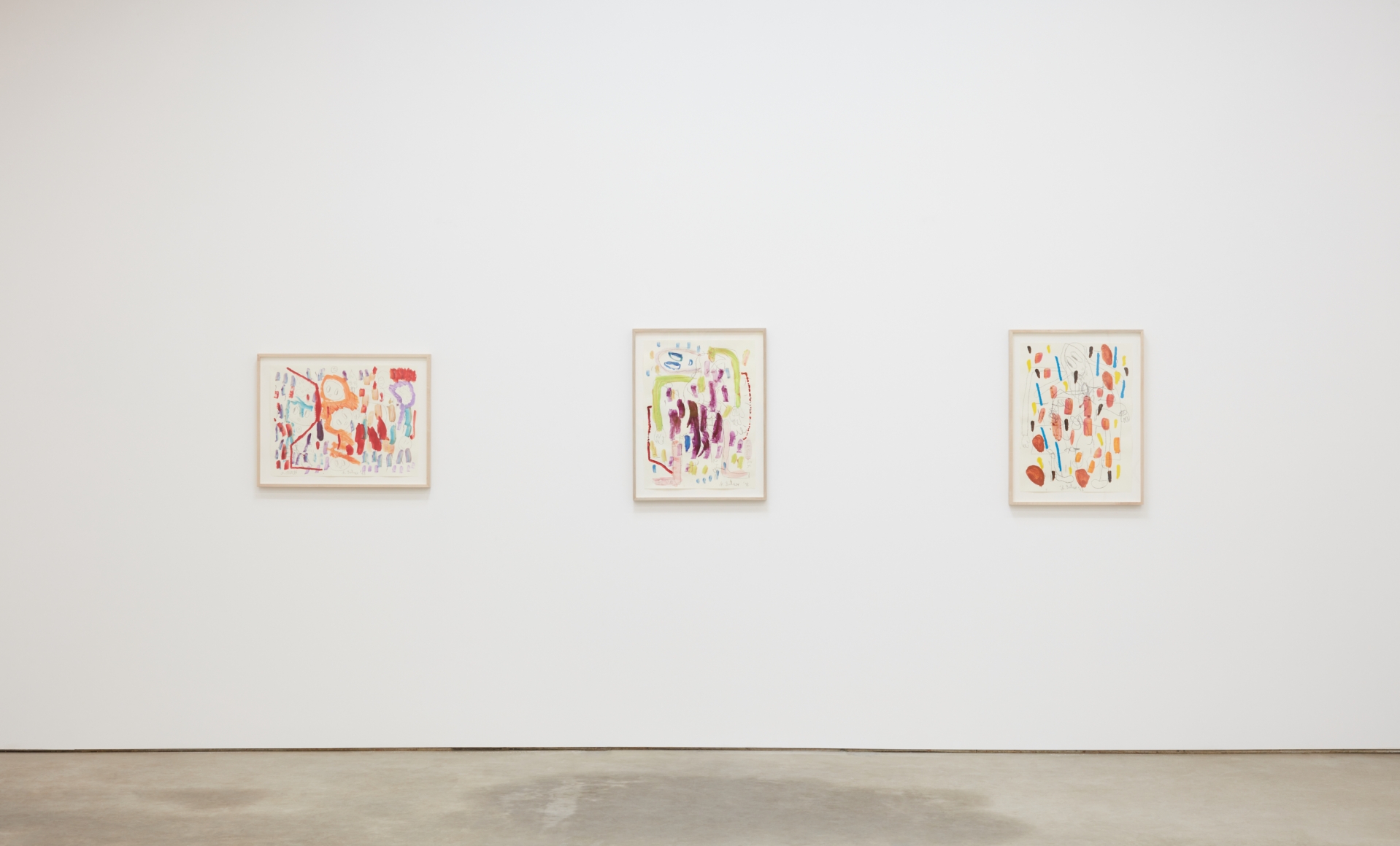 Installation View of Untitled Drawings (left to right), Blue, Green and Purple, Orange and Blue