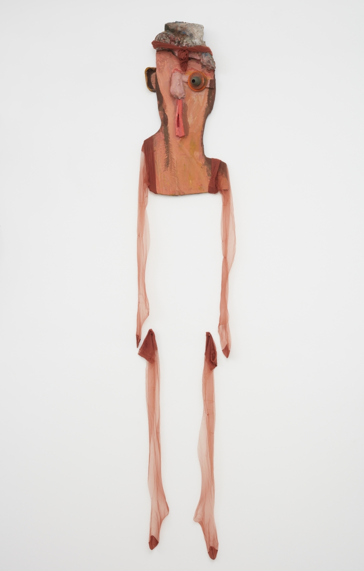 Blair Saxon-Hill Marrow of Melt, 2018 Sardine can, fiber reinforced plaster, gouache, wood, pantyhose, rubber plumbing part on painted wicker spiral weave coaster, metal tacks 91 x 16 x 4 in 231.1 x 40.6 x 10.2 cm (BSH18.043)