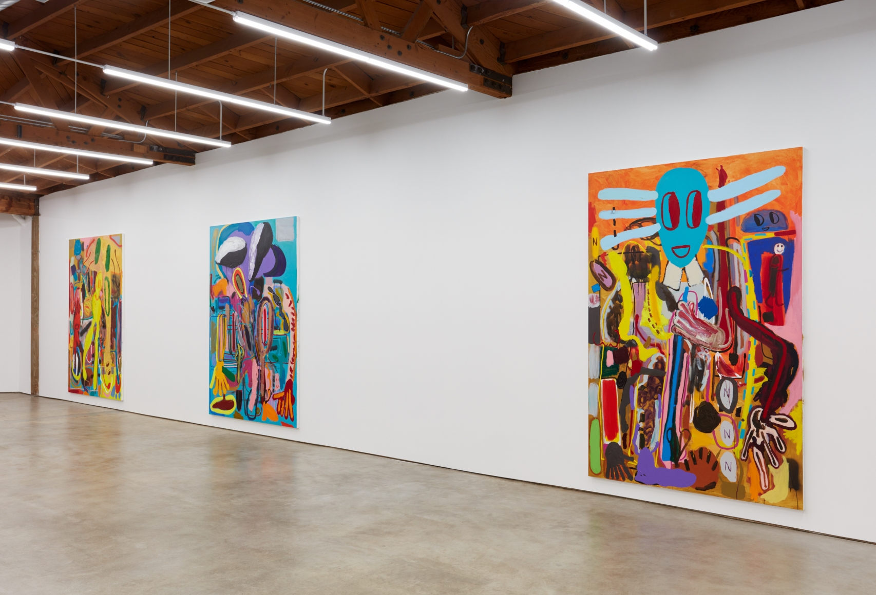 Installation View of "Ernst Ludwig Kirchner Hinrichtung im Jahre 1999" "Wer hat Dr. Pfeffer erfunden?,", and "Abstraktes Bild Nr. 4710d",