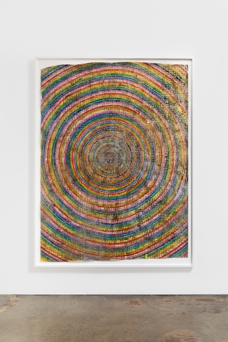 Mindy Shapero, Scar of Midnight Portal with Notes and Stencils and Solid Negatives, 2014-2017. Acrylic, spray paint, gold and silver leaf on paper 96 x 72 in 243.8 x 182.9 cm (MS20.003)