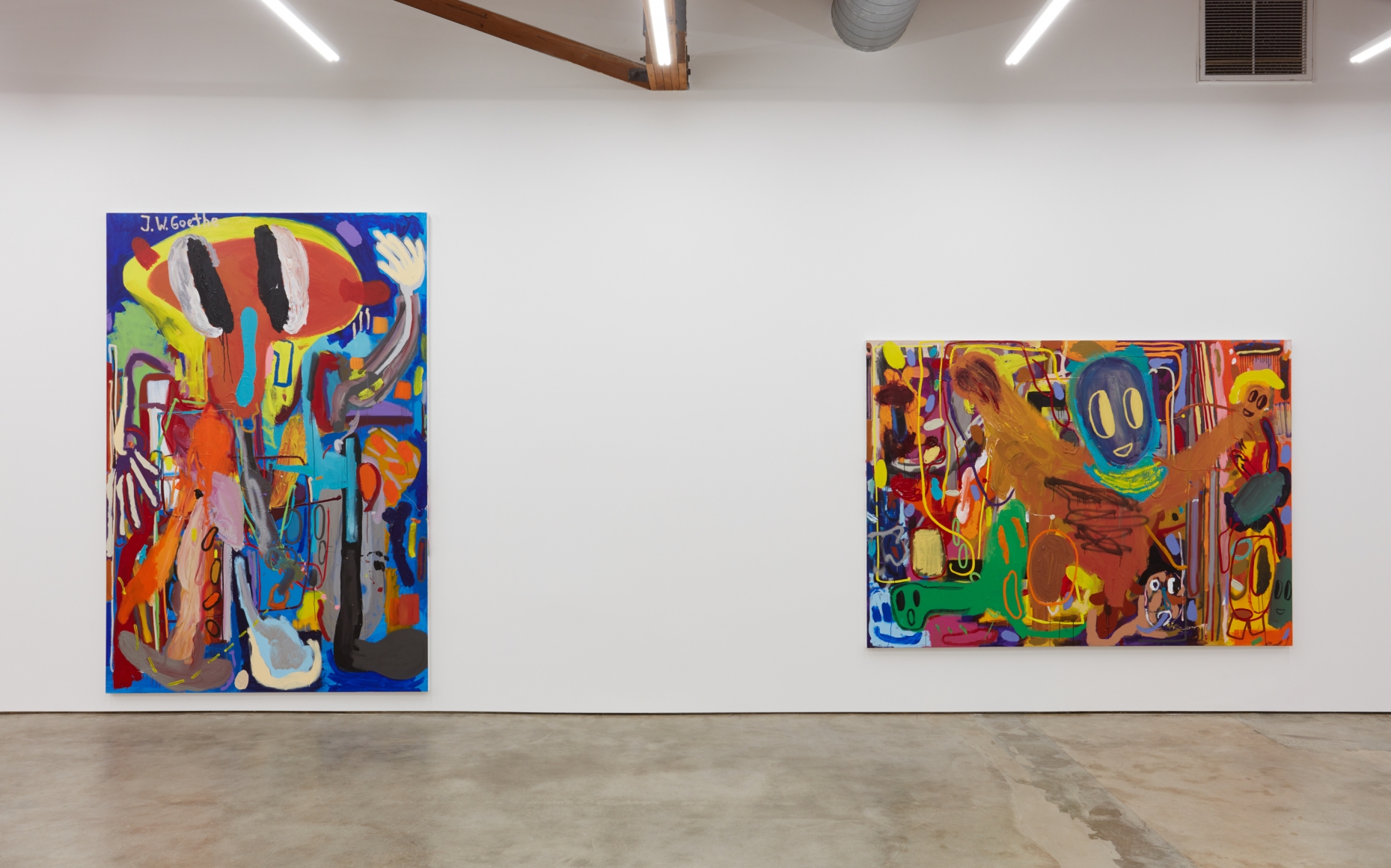 Installation View of "Goethe komischer Mann" and "Smog- und Abgasprobleme"