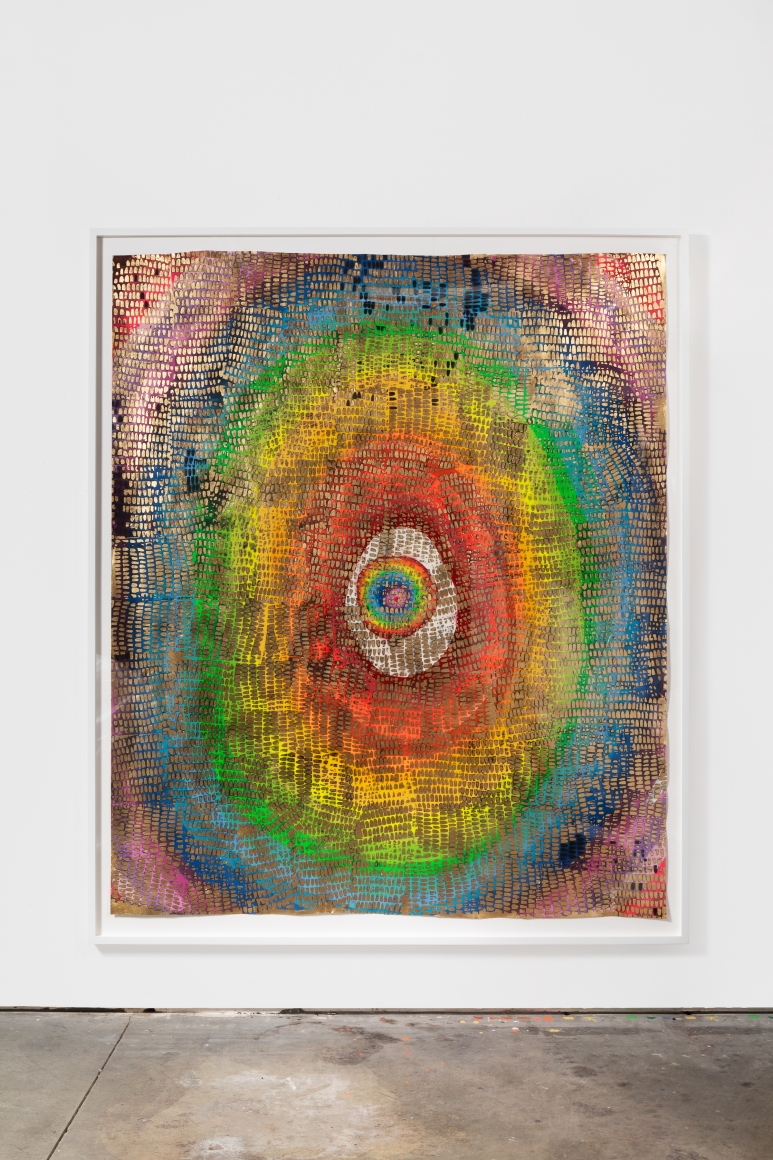 Mindy Shapero Scar of Midnight Portal with Stencils and Solid Negatives, 2019-2020. Acrylic, spray paint, gold and silver leaf on paper, 87 1/2 x 72 in, 222.3 x 182.9 cm (MS20.001),