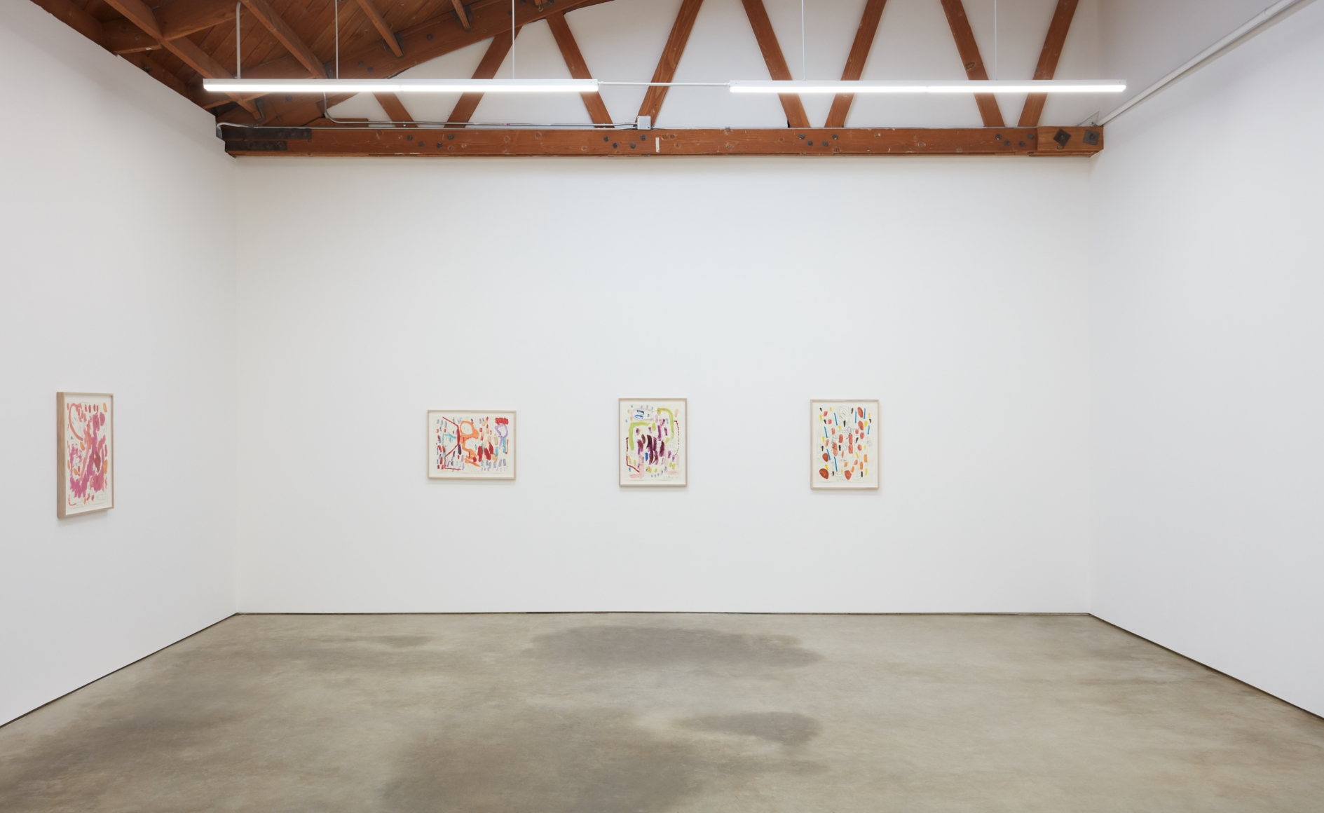 Installation View of Untitled Pink Drawing, Blue Drawing, Green and Purple Drawing, and Orange and Blue Drawing