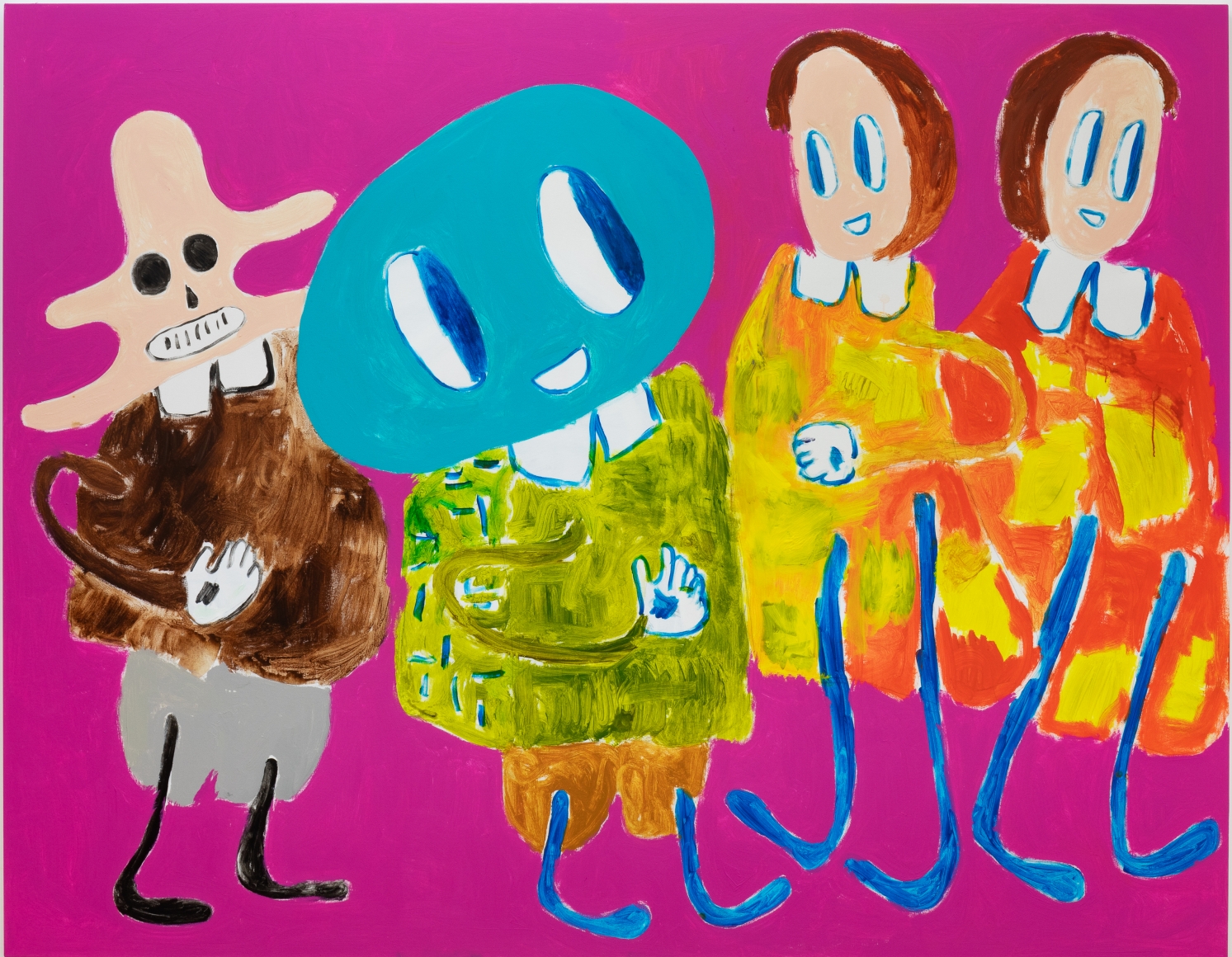 A large André Butzer family painting with a fuschia background.