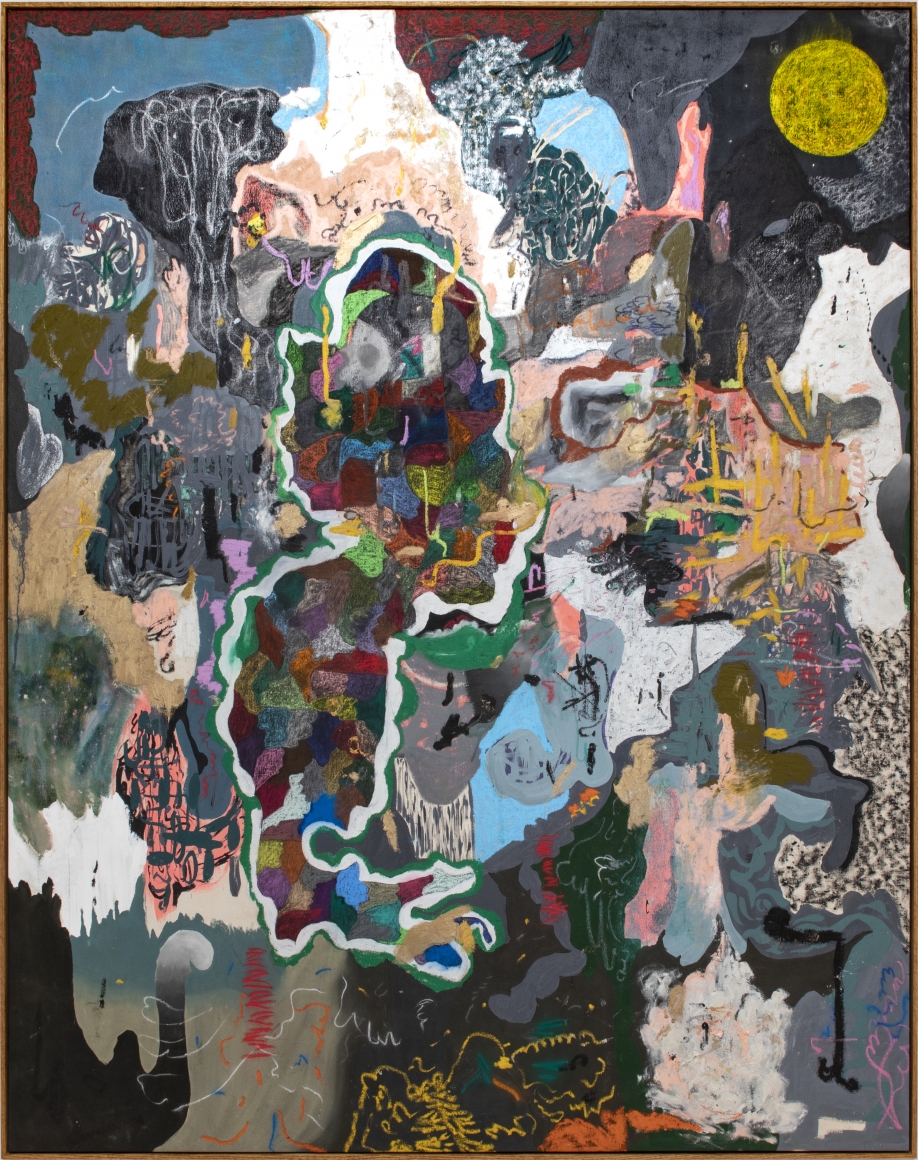 Michael Bauer Grey Cave - Yellow Moon, 2019 Oil, crayon, pastel and acrylic on canvas 75 x 60 in 190.5 x 152.4 cm (MB19.013)