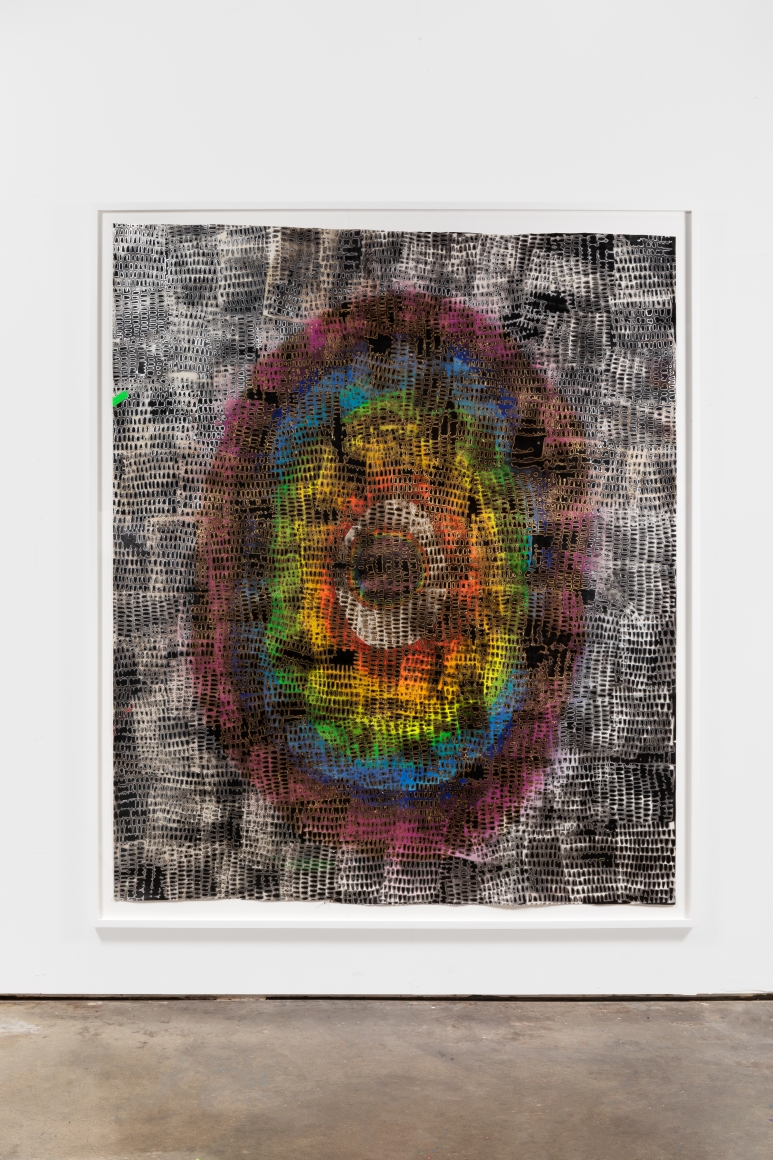 Mindy Shapero, Scar of Midnight Portal with Stencils and Open Line Negatives, 2019-2020. Acrylic, spray paint, gold and silver leaf on paper, 86 x 72 in, 218.4 x 182.9 cm (MS20.002)
