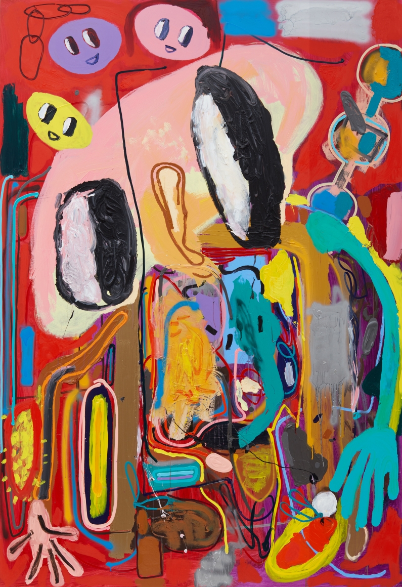 André Butzer, Moshé Feldenkrais Pastrami Portrait (abstraktes Bild 1A), 2018 Oil and acrylic on canvas, 106 1/4 x 70 7/8 in, 270 x 180 cm (AB18.031)