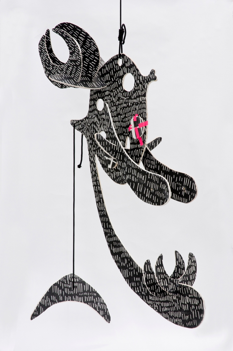 "Untitled", 2010 Painted wood, tape, rope