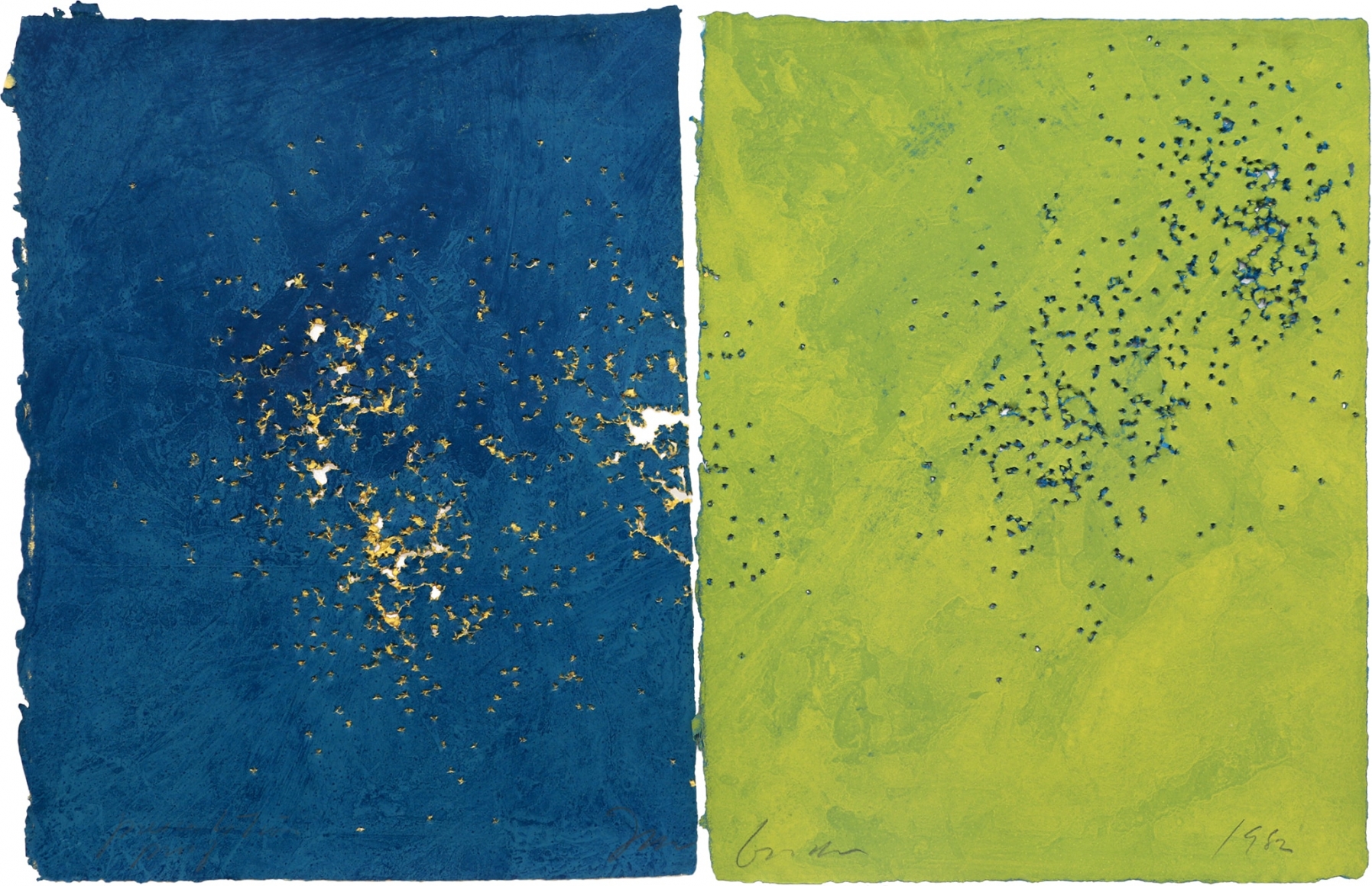 Joe Goode Untitled, 1981-82 Lithograph with gunshot impression by artist (diptych)