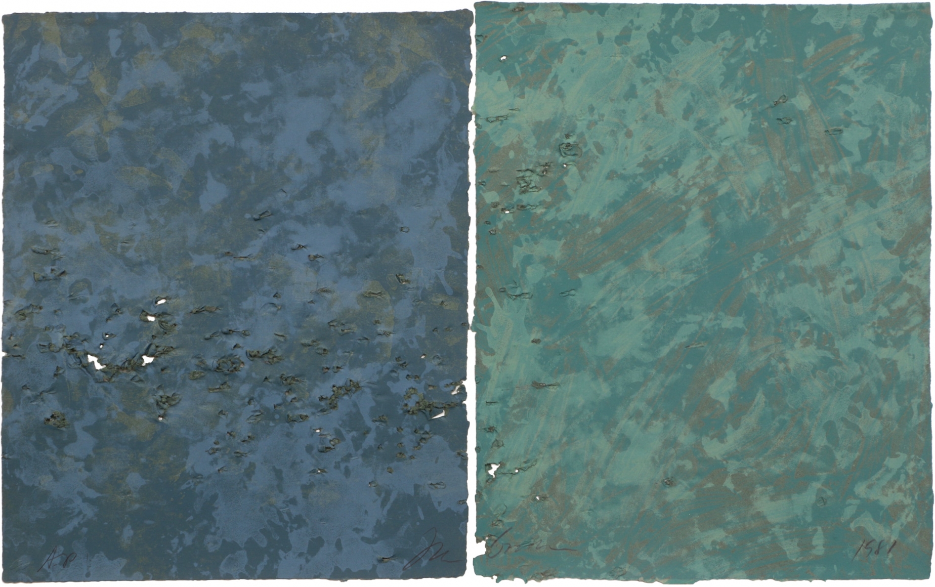 Joe Goode Gunshot Series, No. 7, 1981 Lithograph with gunshot impression by artist (diptych)