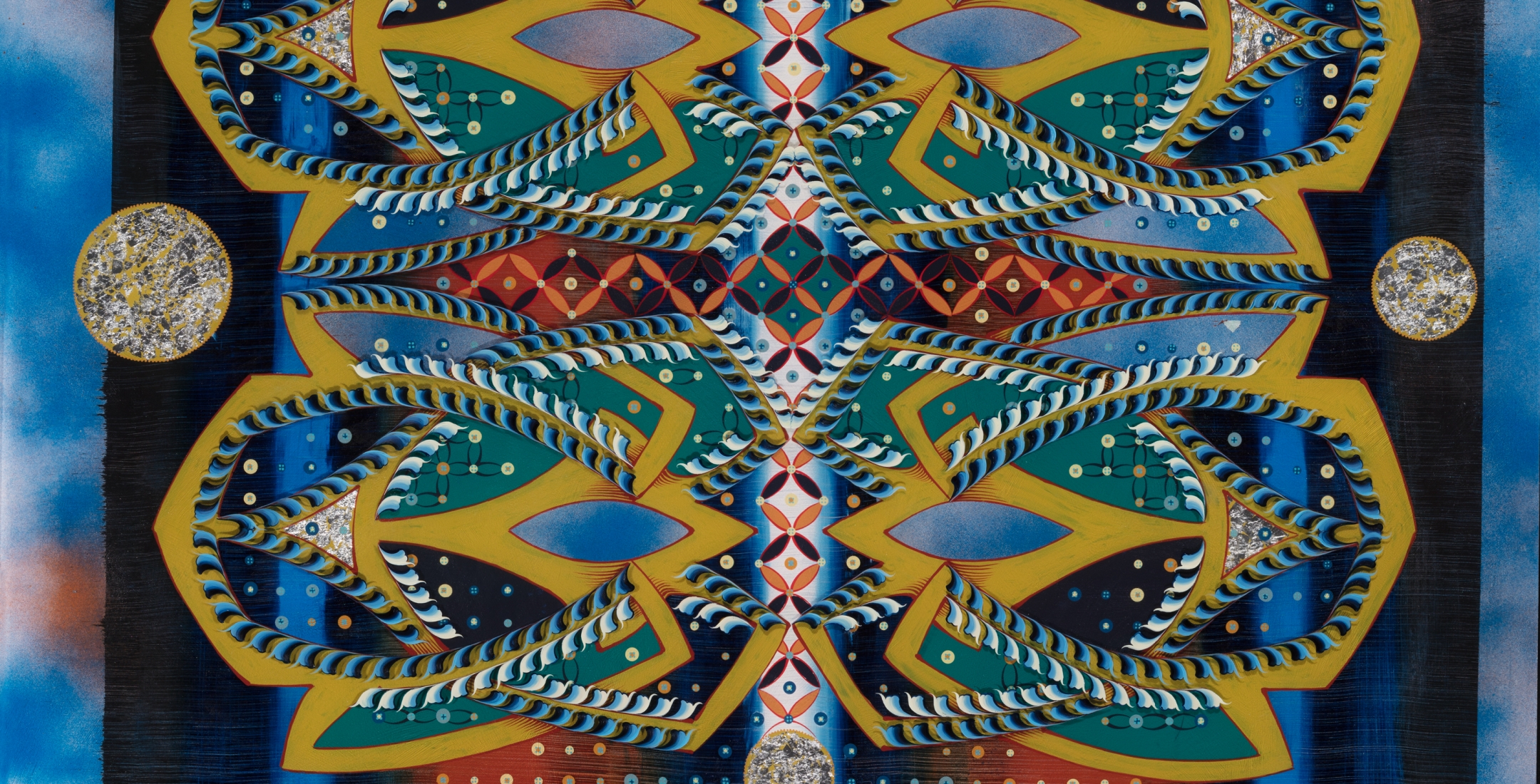 Tara Austin "Marquee", oil, acrylic and silverleaf on plexiglass, 48" x 48", 2020, part of Boreal Ornament III through May 30