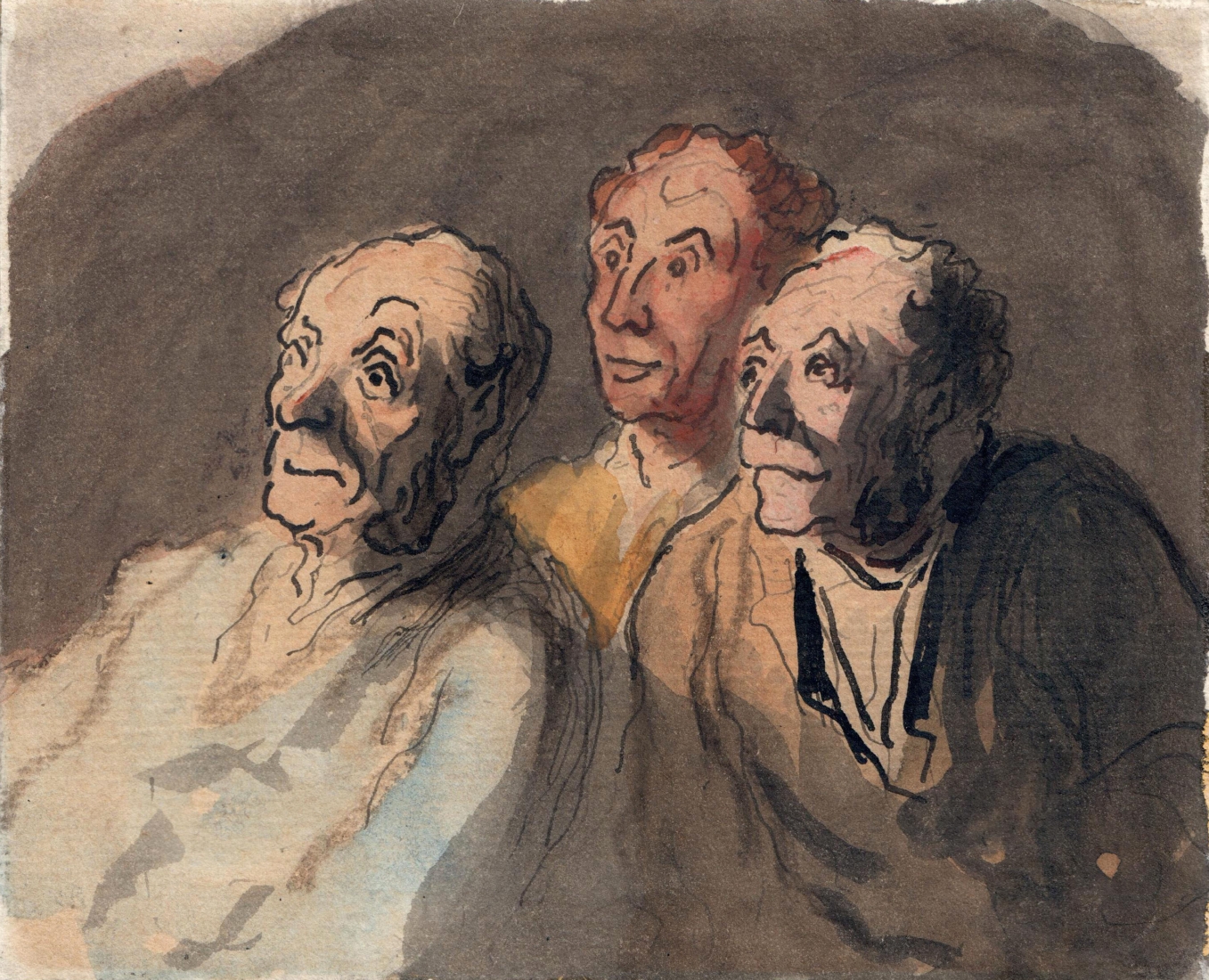 Honore Daumier, Three Attentive Spectators Pen and watercolor on paper 3 3/4 x 4 7/8 inches