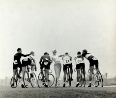 Tom Palumbo, Model with Bikers, Harper's Bazaar, February 1956