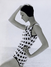 Tom Palumbo, Model in Checked Swimsuit, “Fashion of the Times,” New York Times, Virgin Islands, May 5, 1957 (Orlon and Lastex checked swimsuit)