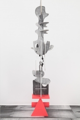 "Zutz", 2012 Ink, silkscreen and spray paint on wood with rope on painted aluminum base