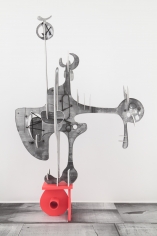 "Dezvil", 2012 Ink, silkscreen and spray paint on wood with rope on painted aluminum base