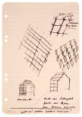 "Garden Shed: Shack made out of slat frames, leaves made from paper. Use real leaves in the summertime. Affix leaves with large gaps. Slats with nails to affix the leaves.", 1968